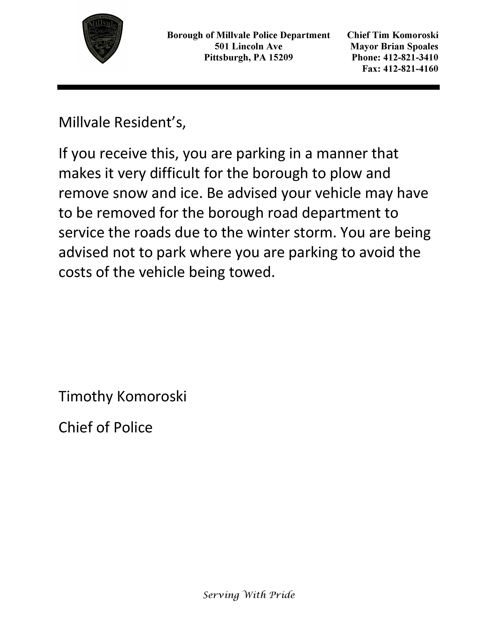 Winter Weather Parking Warning