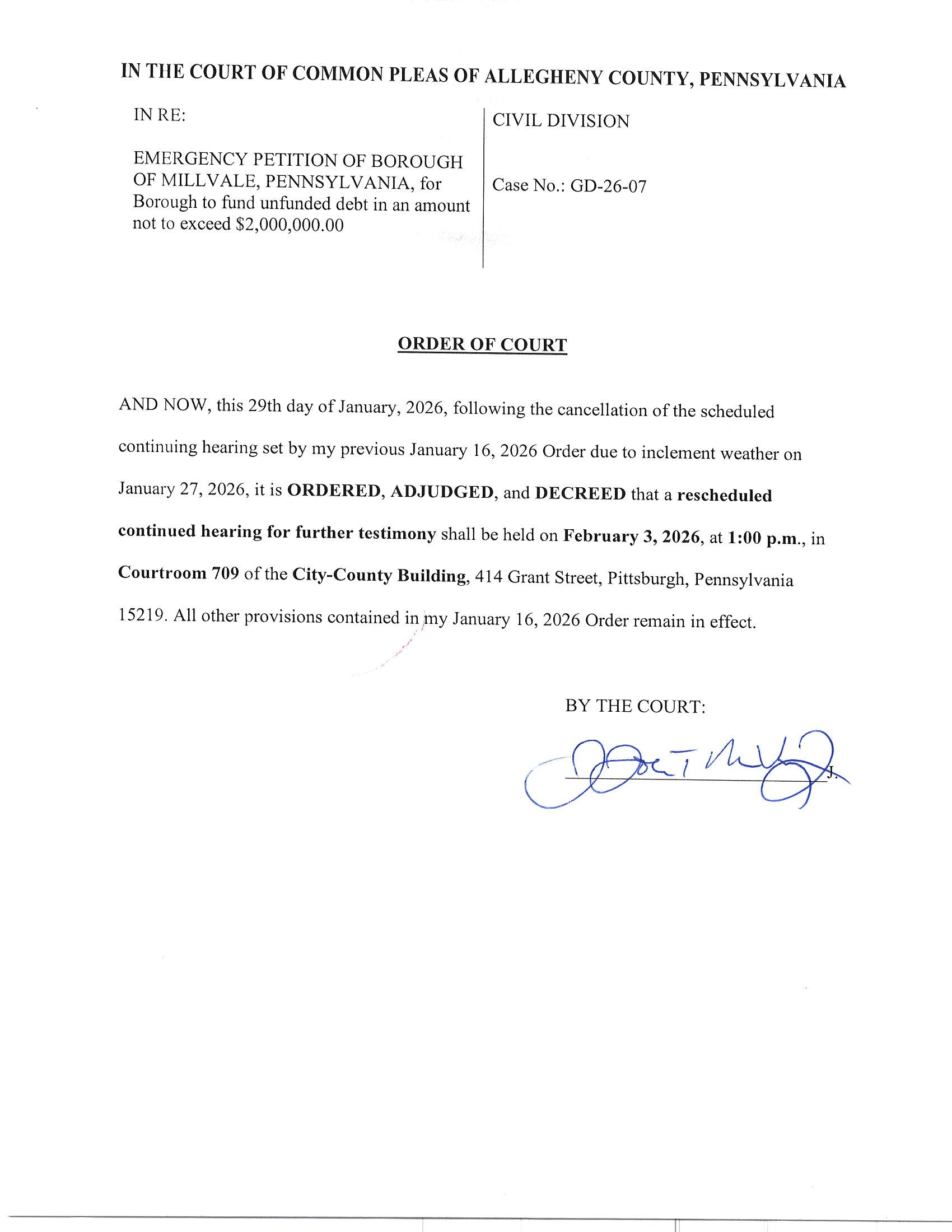 Rescheduled Hearing In re Borough of Millvale GD-26-07